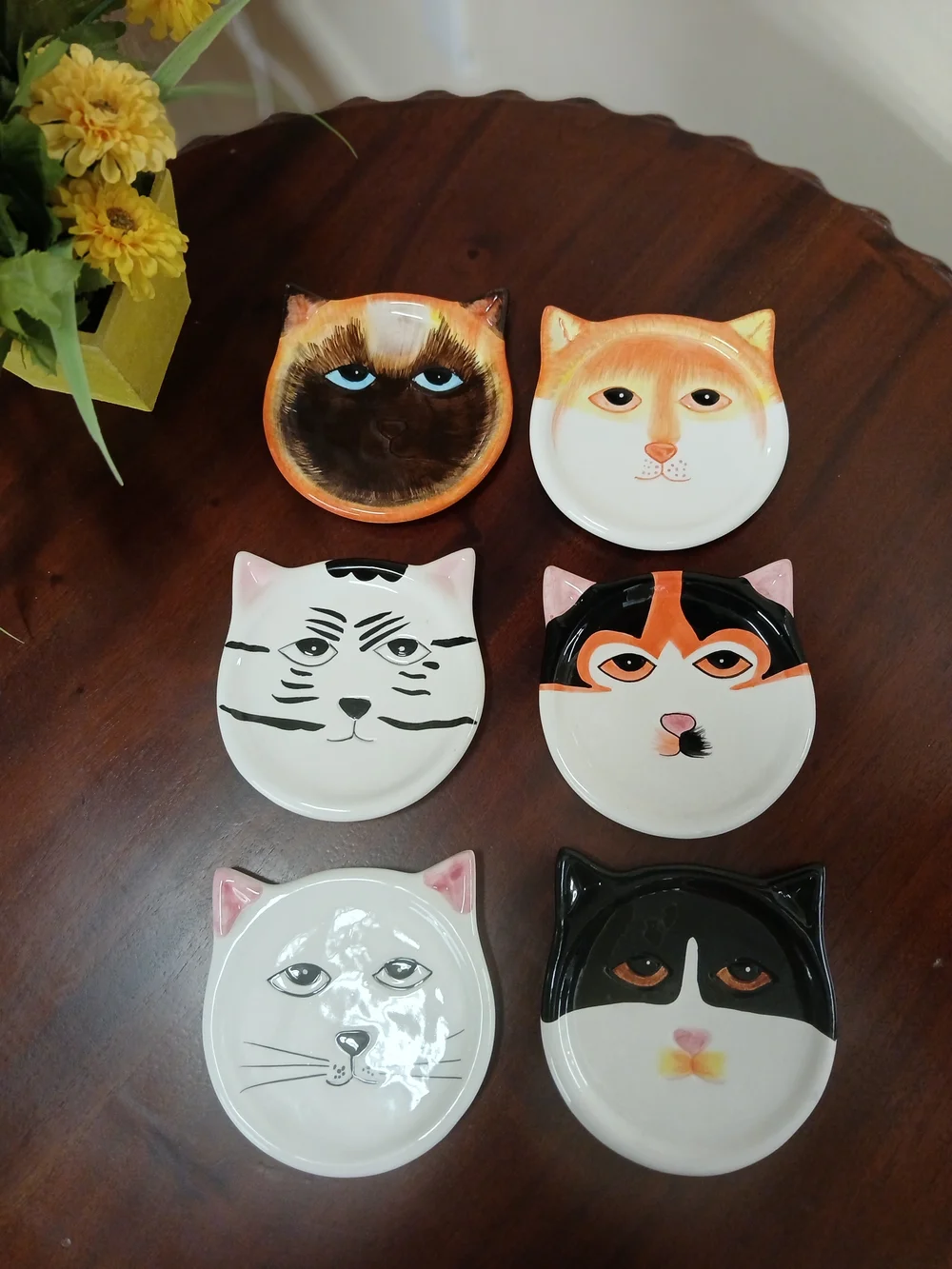 Vintage Cat Face Ceramic Coasters/Trinket Dishes - Set of 6